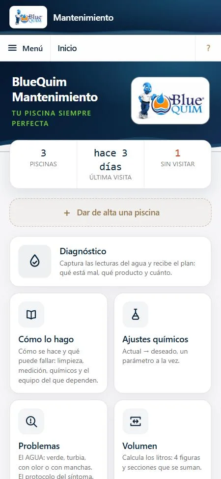 Pantalla de inicio de la app: tus piscinas guardadas y las herramientas en tarjetas