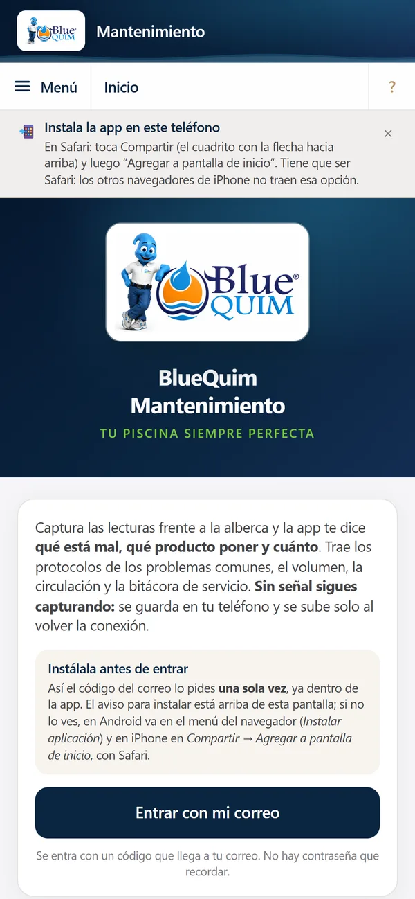Pantalla de entrada de la app BlueQuim Mantenimiento